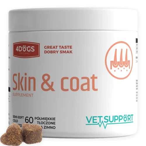 „Skóra i Sierść VetSupport od 4DOGS – przysmaki dla psów Skin & Coat wspierające zdrową skórę i lśniącą sierść