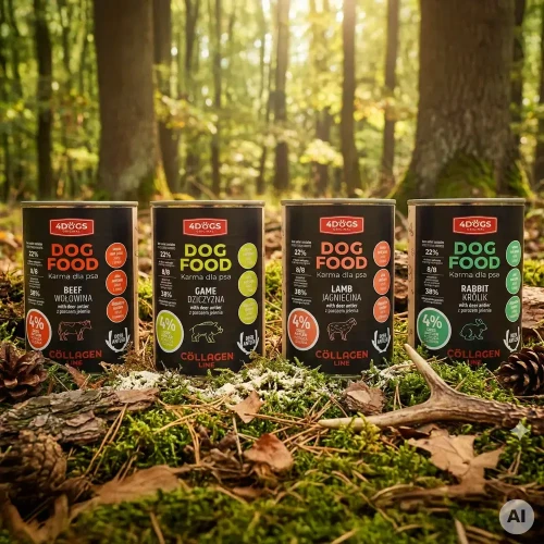 Puszki karmy 4DOGS Collagen Line w 4 smakach na tle lasu.